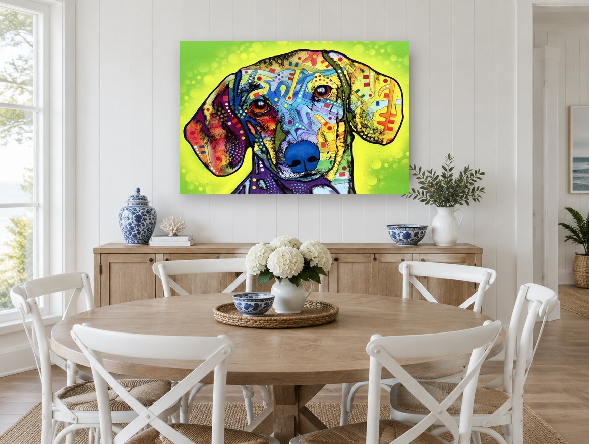 Neon Dachshund Portrait animal canvas print on the wall of a Hamptons dining room