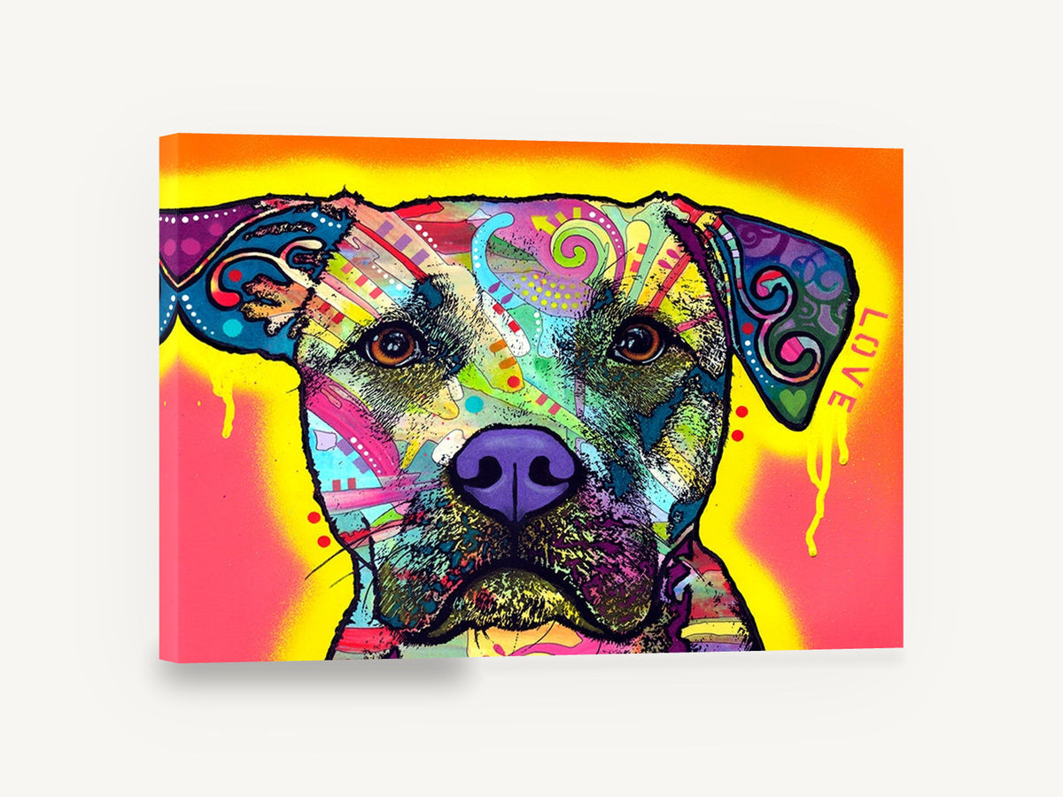 Neon Love Pup, colourful pop art dog portrait, animal canvas wall art print ready to hang