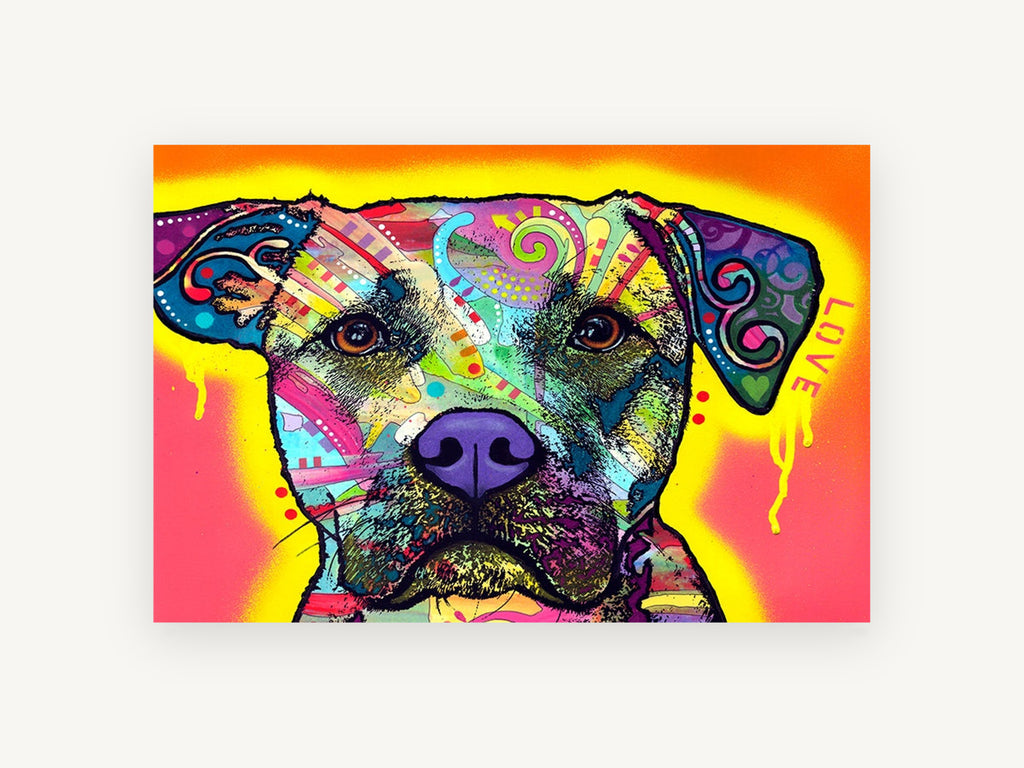 Neon Love Pup, colourful pop art dog portrait, animal canvas wall art print, front view