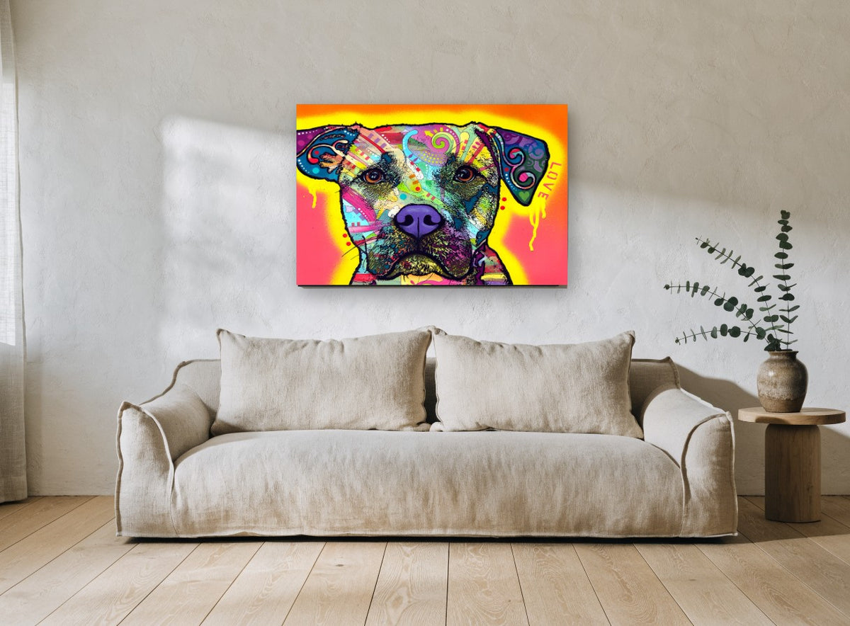 Neon Love Pup animal canvas print on the wall of a living room
