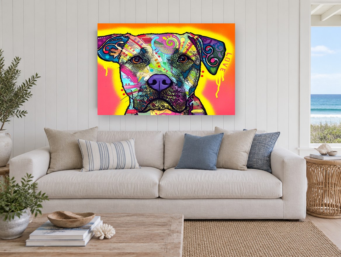 Neon Love Pup animal canvas print on the wall of a beach house living room