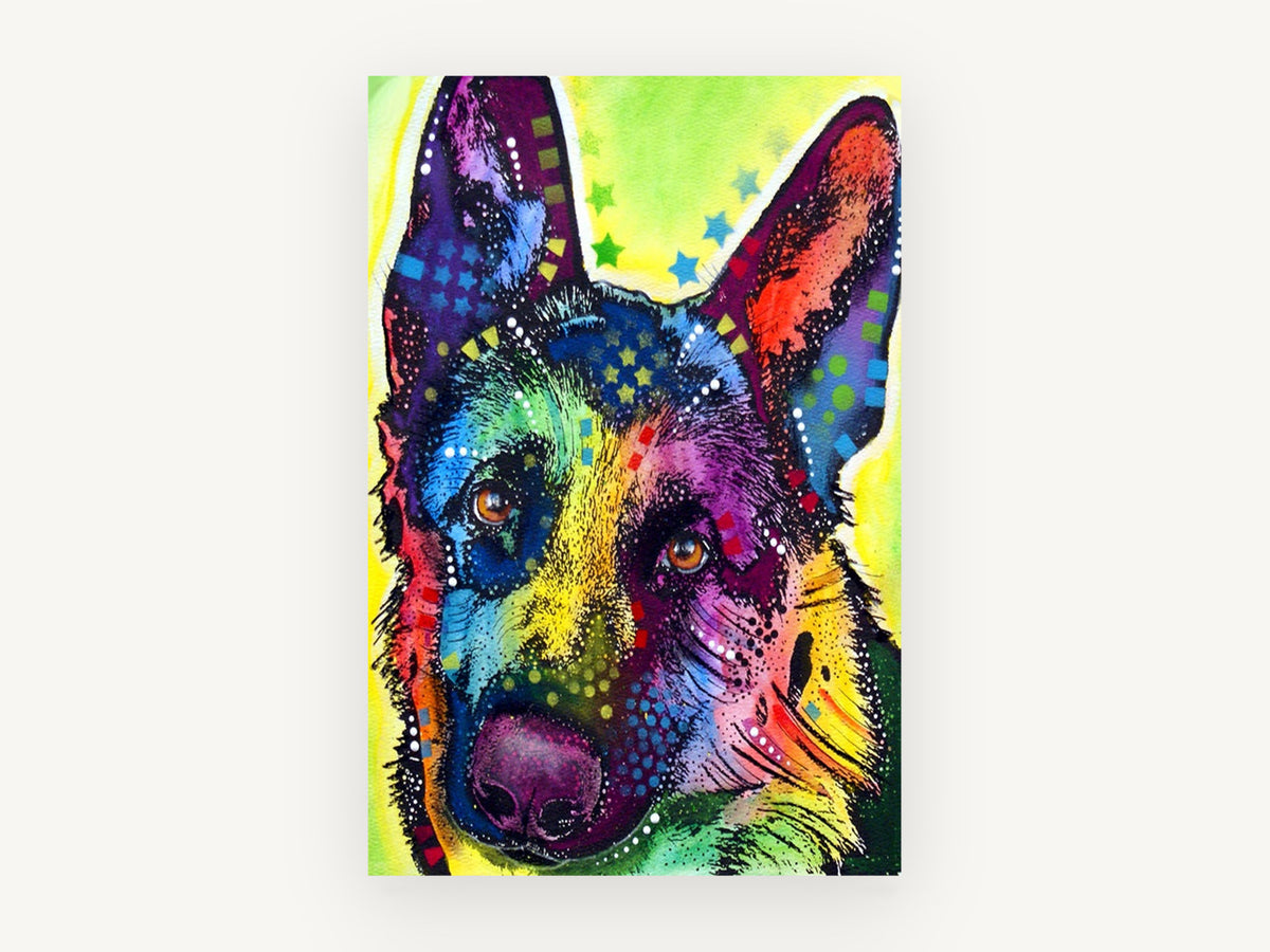Starlit Shepherd Portrait, colourful german shepherd pop art, animal canvas wall art print, front view