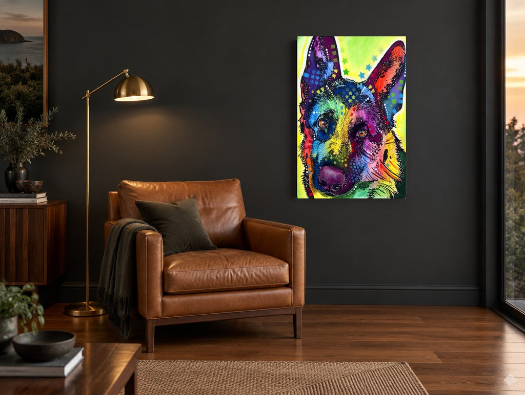 Starlit Shepherd Portrait animal canvas print on the wall of a charcoal living room