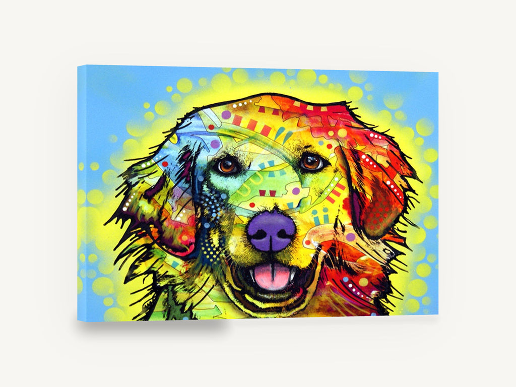 Rainbow Retriever Smile, colourful golden retriever pop art, animal canvas wall art print ready to hang