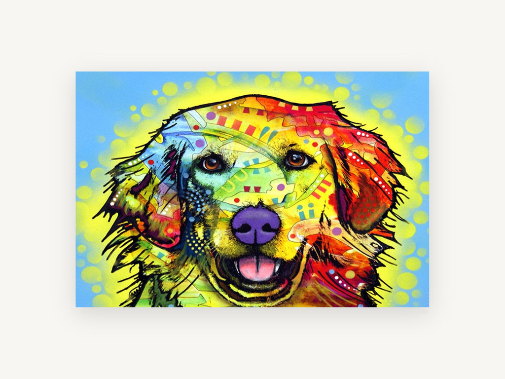 Rainbow Retriever Smile, colourful golden retriever pop art, animal canvas wall art print, front view