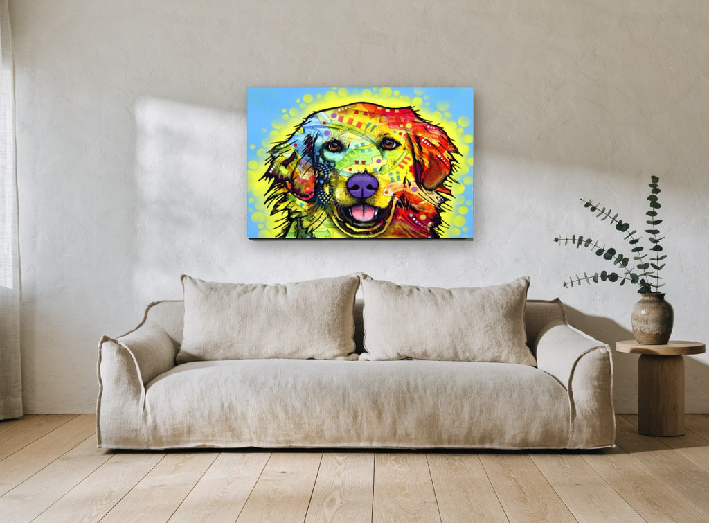 Rainbow Retriever Smile animal canvas print on the wall of a living room