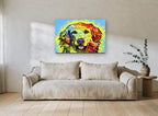 Rainbow Retriever Smile animal canvas print on the wall of a living room