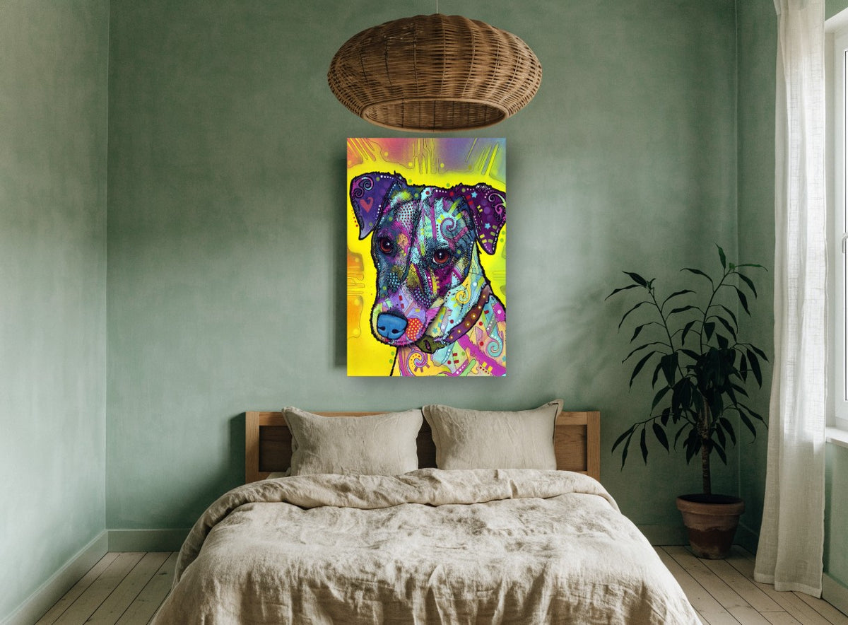 Pop Art Terrier animal canvas print on the wall of a bedroom