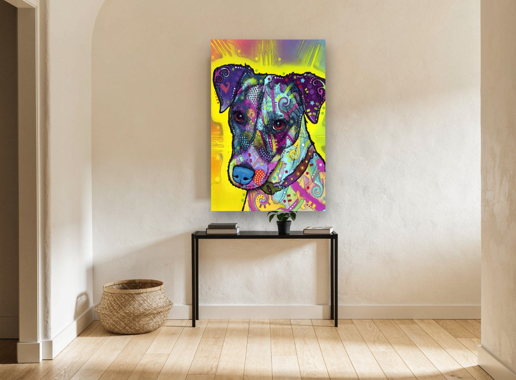Pop Art Terrier animal canvas print on the wall of a hallway