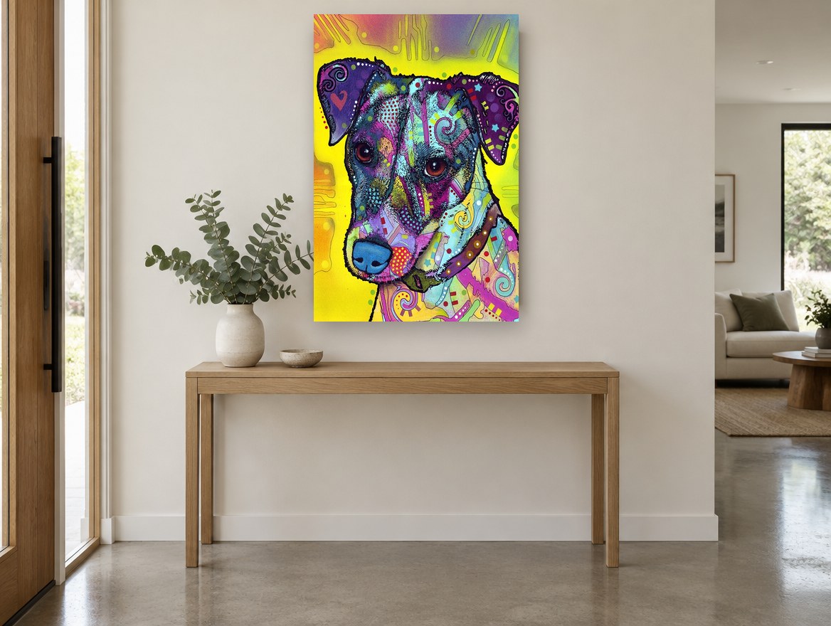 Pop Art Terrier animal canvas print on the wall of a entry hall