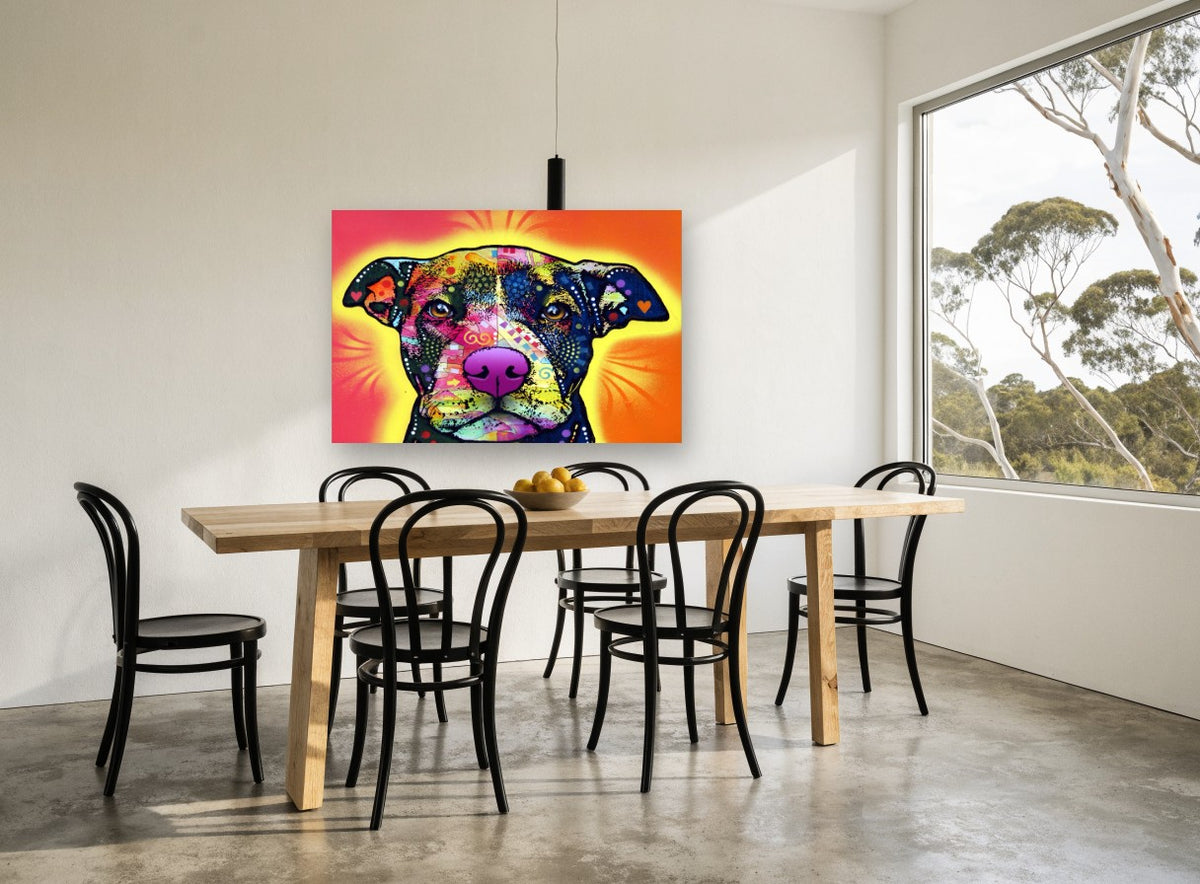 Sunburst Heart Pit Bull Portrait animal canvas print on the wall of a dining room