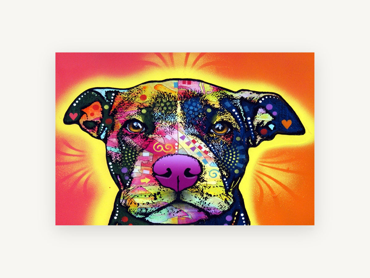 Sunburst Heart Pit Bull Portrait, colourful pop art dog portrait, animal canvas wall art print, front view