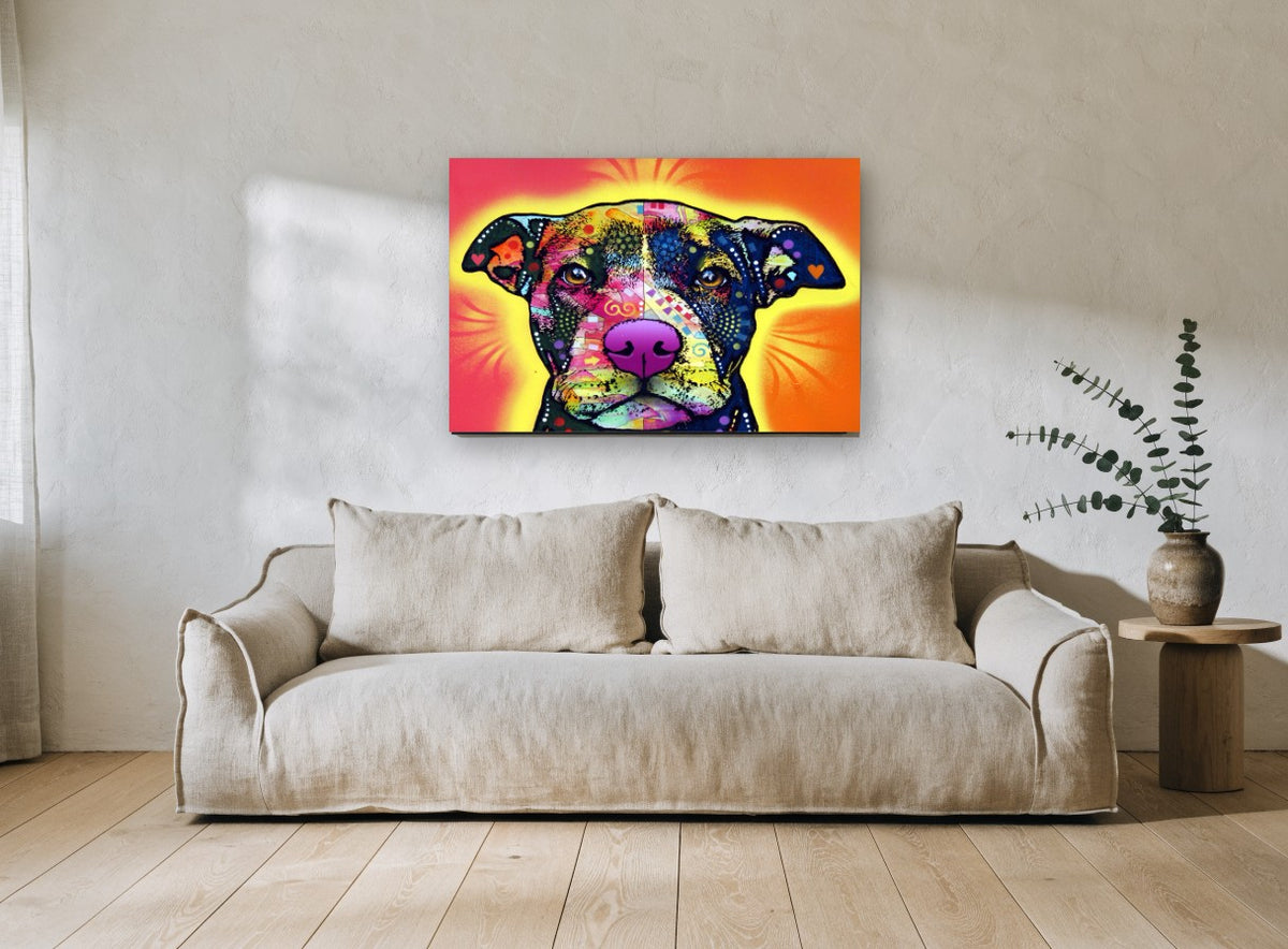 Sunburst Heart Pit Bull Portrait animal canvas print on the wall of a living room