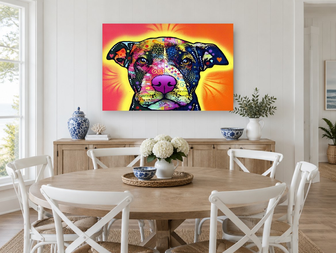 Sunburst Heart Pit Bull Portrait animal canvas print on the wall of a Hamptons dining room