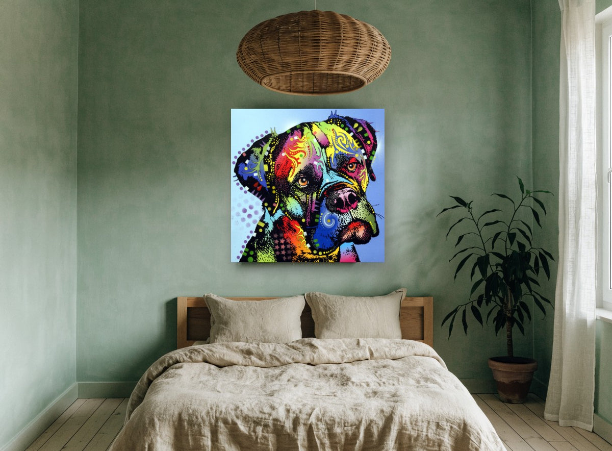 Rainbow Tilted Mastiff animal canvas print on the wall of a bedroom