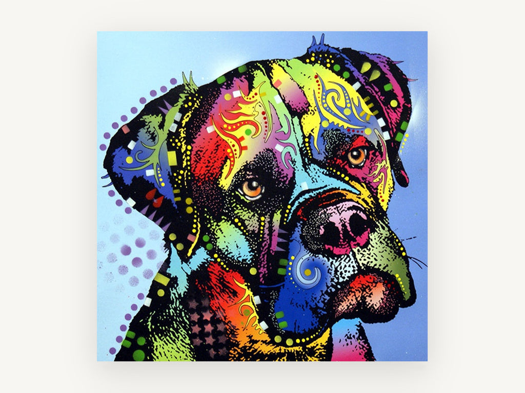 Rainbow Tilted Mastiff, colourful pop art mastiff portrait, animal canvas wall art print, front view