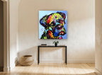 Rainbow Tilted Mastiff animal canvas print on the wall of a hallway