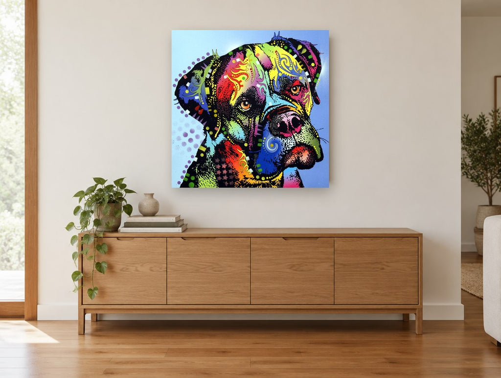 Rainbow Tilted Mastiff animal canvas print on the wall of a living room above a sideboard