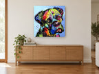 Rainbow Tilted Mastiff animal canvas print on the wall of a living room above a sideboard