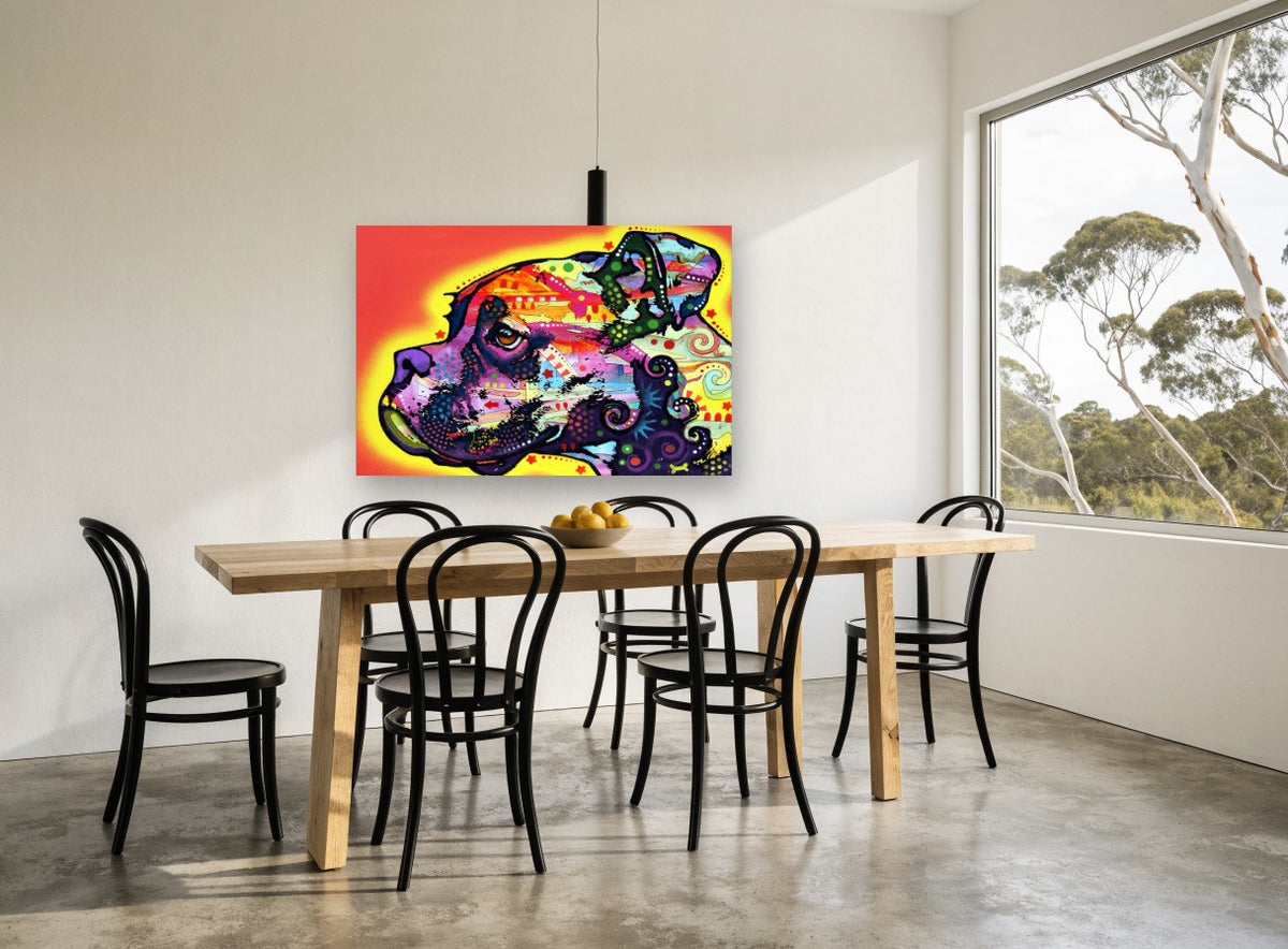 Neon Boxer Profile animal canvas print on the wall of a dining room
