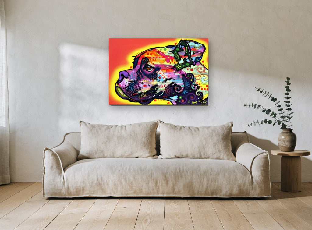 Neon Boxer Profile animal canvas print on the wall of a living room