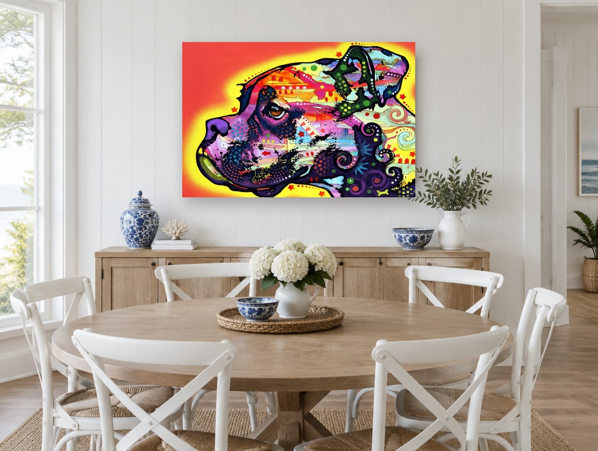 Neon Boxer Profile animal canvas print on the wall of a Hamptons dining room