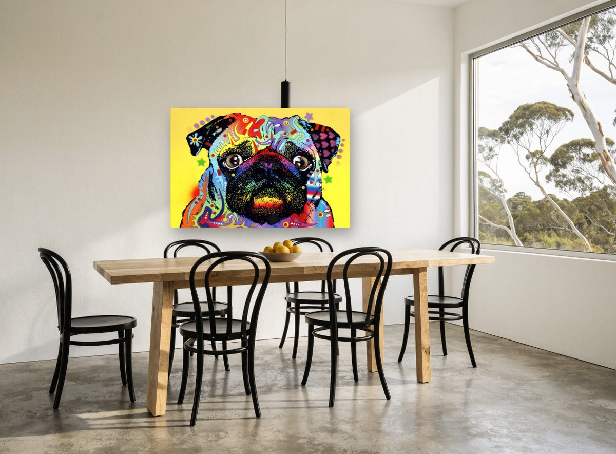 Rainbow Pug Pop animal canvas print on the wall of a dining room