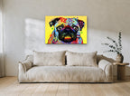 Rainbow Pug Pop animal canvas print on the wall of a living room