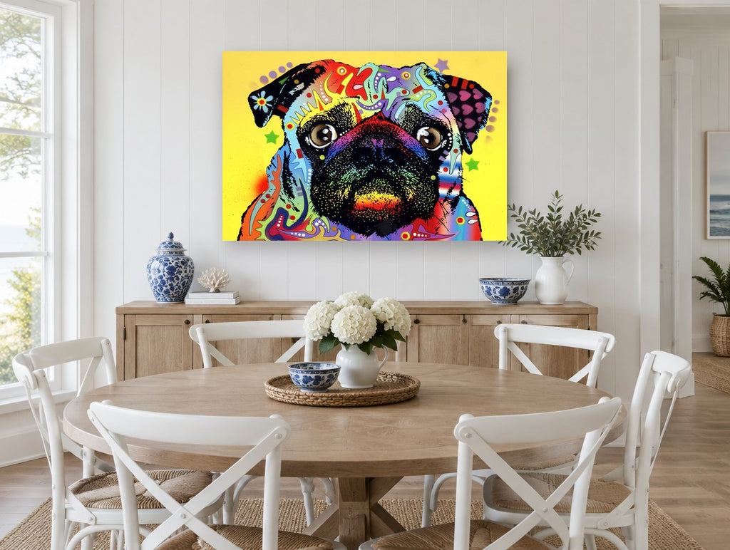Rainbow Pug Pop animal canvas print on the wall of a Hamptons dining room