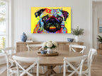 Rainbow Pug Pop animal canvas print on the wall of a Hamptons dining room