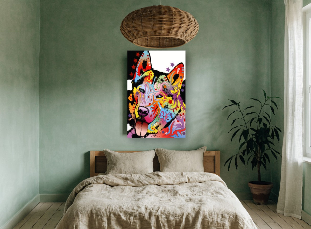 Rainbow Husky Pop animal canvas print on the wall of a bedroom