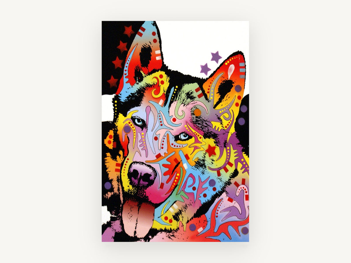 Rainbow Husky Pop, colourful husky pop art portrait, animal canvas wall art print, front view