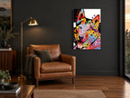 Rainbow Husky Pop animal canvas print on the wall of a charcoal living room