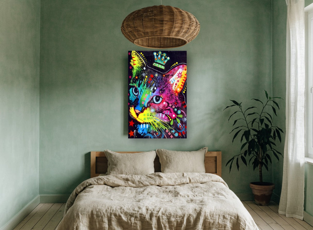 Crowned Rainbow Cat animal canvas print on the wall of a bedroom