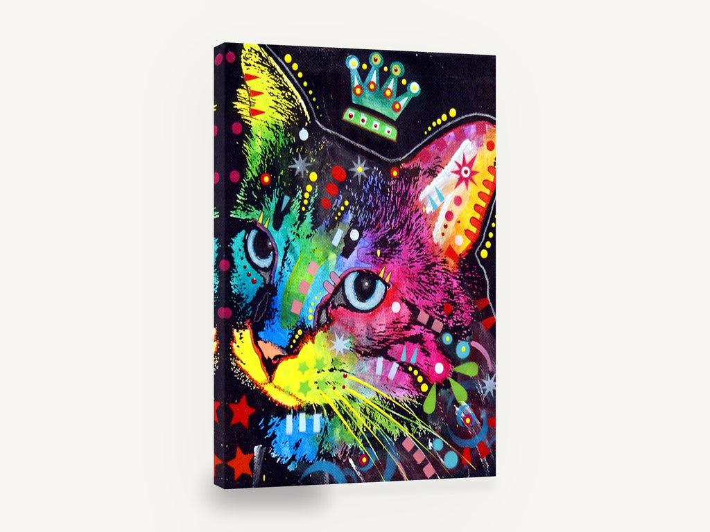 Crowned Rainbow Cat, colourful pop art cat illustration, animal canvas wall art print ready to hang