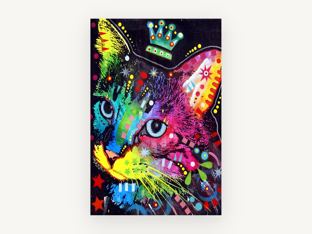 Crowned Rainbow Cat, colourful pop art cat illustration, animal canvas wall art print, front view