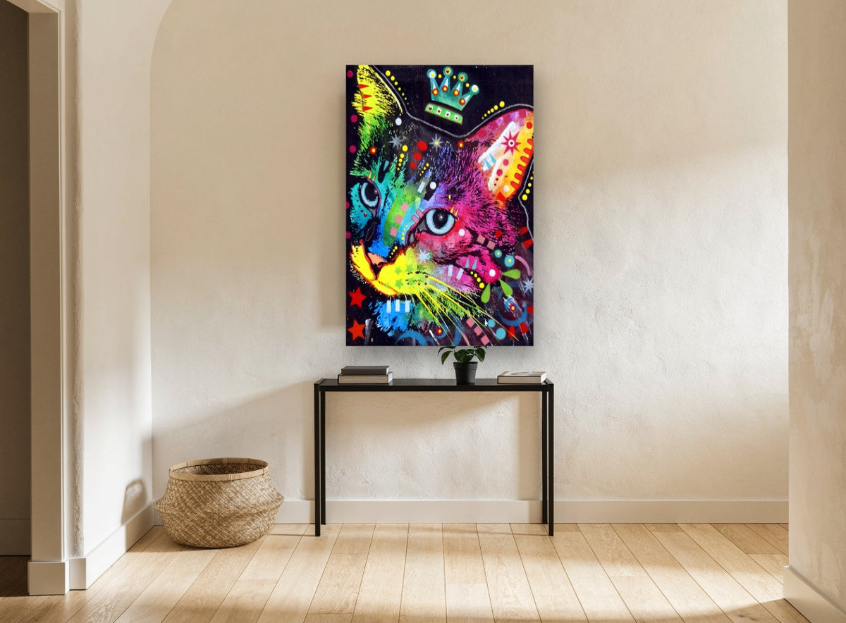 Crowned Rainbow Cat animal canvas print on the wall of a hallway