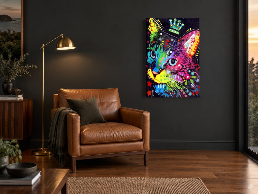 Crowned Rainbow Cat animal canvas print on the wall of a charcoal living room