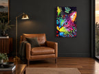 Crowned Rainbow Cat animal canvas print on the wall of a charcoal living room