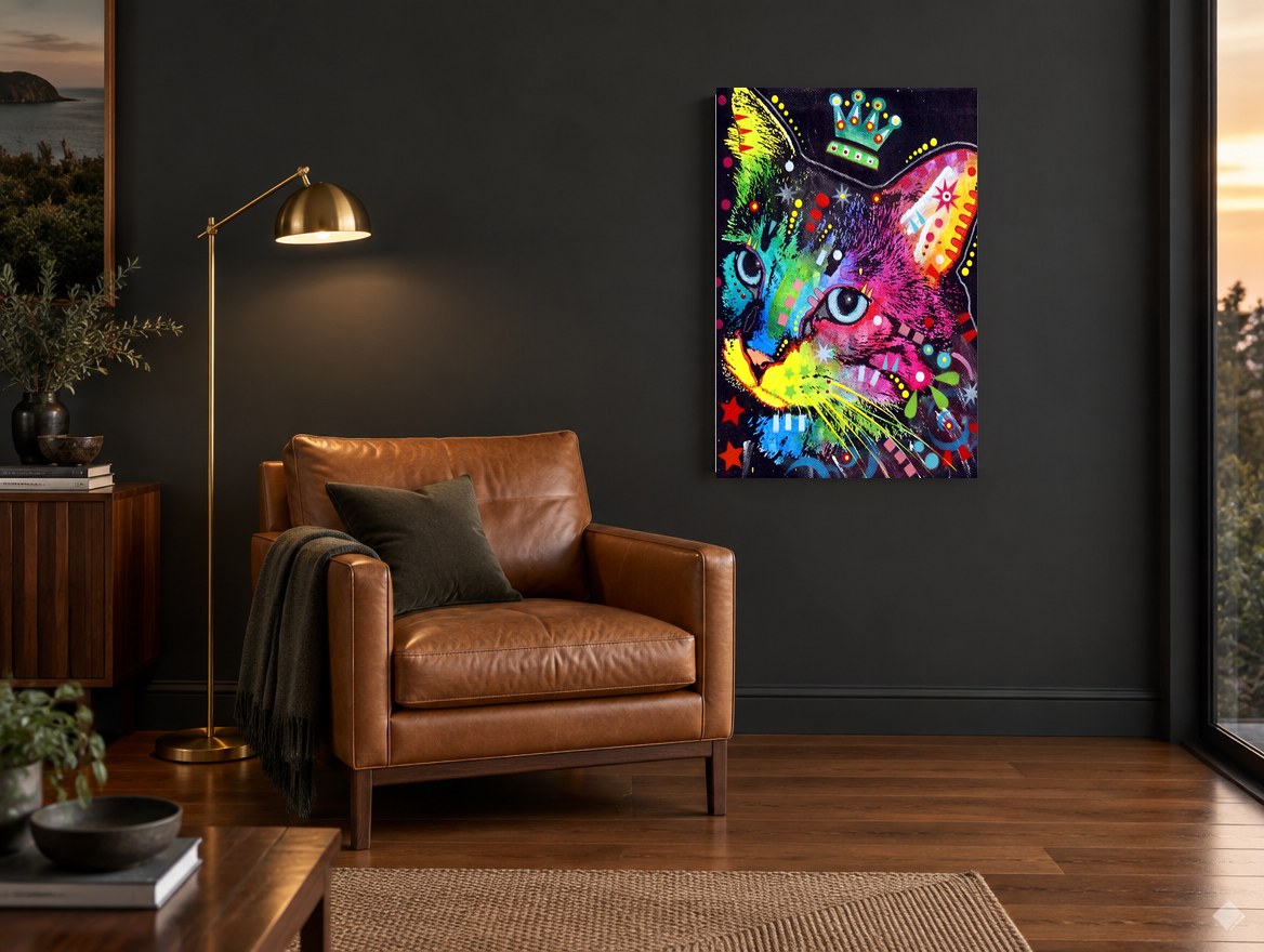 Crowned Rainbow Cat animal canvas print on the wall of a charcoal living room