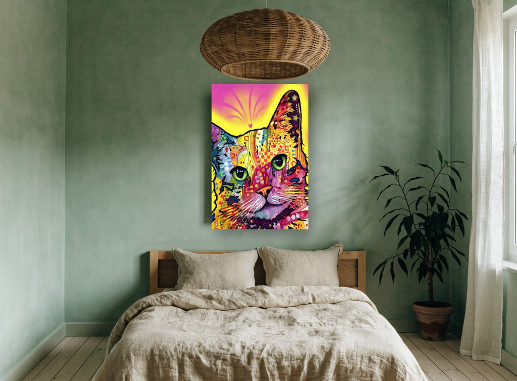 Neon Pop Tabby animal canvas print on the wall of a bedroom
