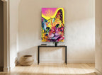 Neon Pop Tabby animal canvas print on the wall of a hallway