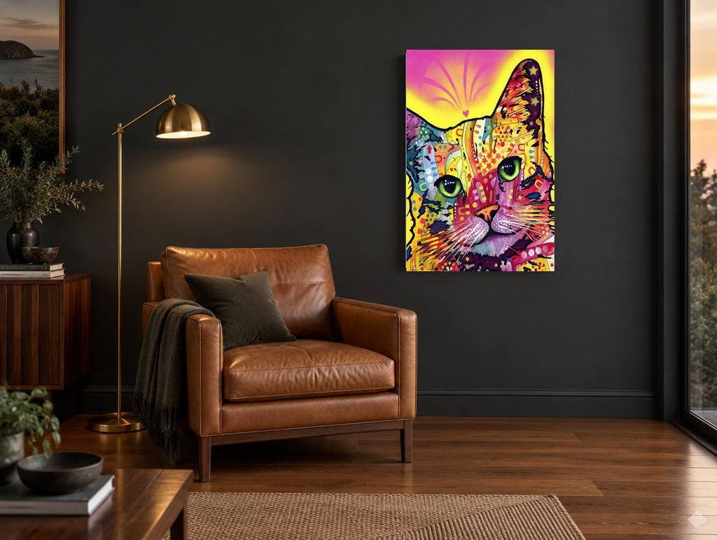 Neon Pop Tabby animal canvas print on the wall of a charcoal living room