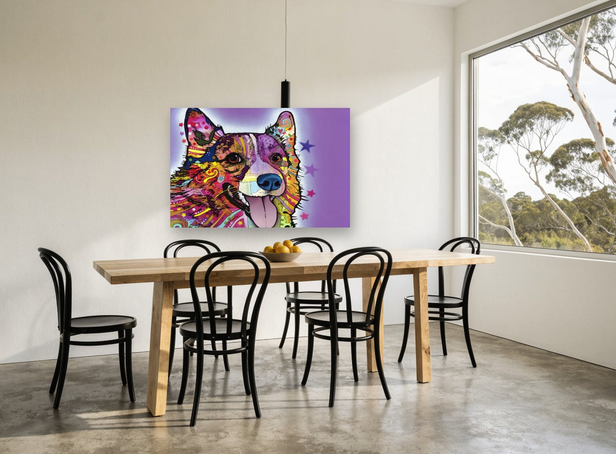 Purple Pop Corgi animal canvas print on the wall of a dining room