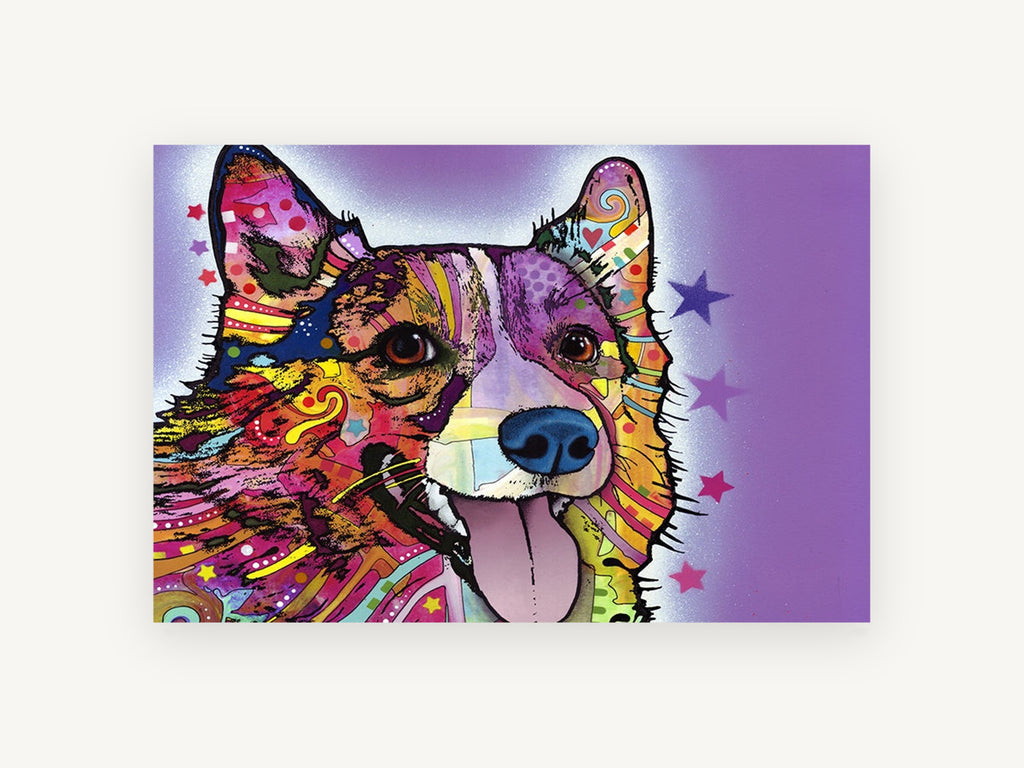 Purple Pop Corgi, colourful pop art corgi illustration, animal canvas wall art print, front view