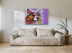 Purple Pop Corgi animal canvas print on the wall of a living room