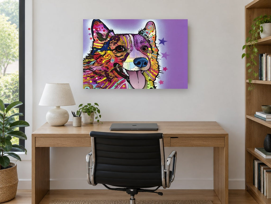 Purple Pop Corgi animal canvas print on the wall of a study