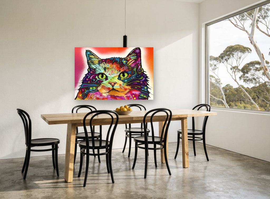 Neon Patchwork Cat animal canvas print on the wall of a dining room