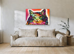 Neon Patchwork Cat animal canvas print on the wall of a living room