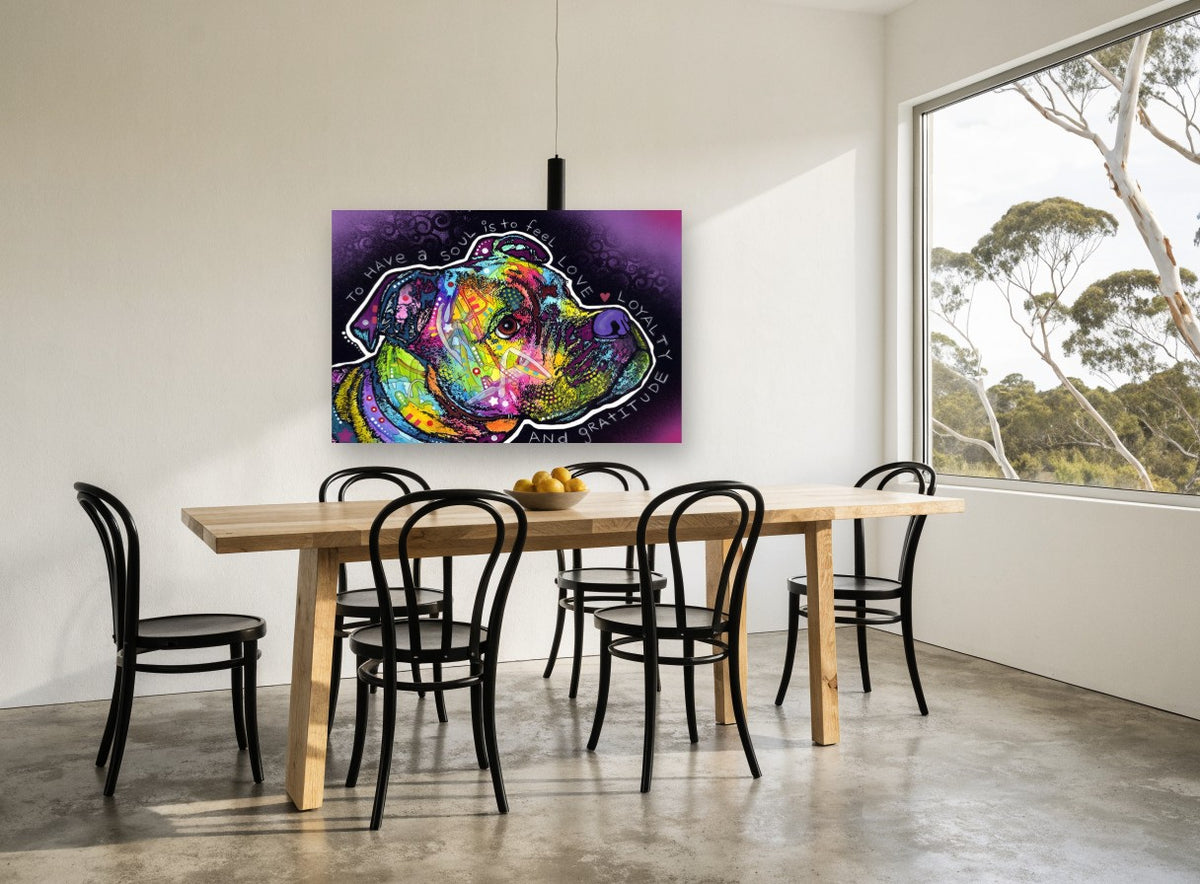 Rainbow Soul Pit Bull animal canvas print on the wall of a dining room
